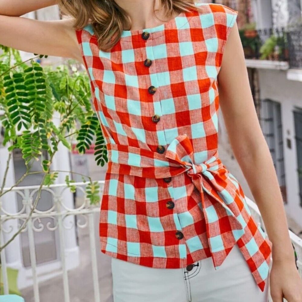Boden Womens US 12 Cassidy Linen Blouse Orange Blue Check Front Button Belt NWOT